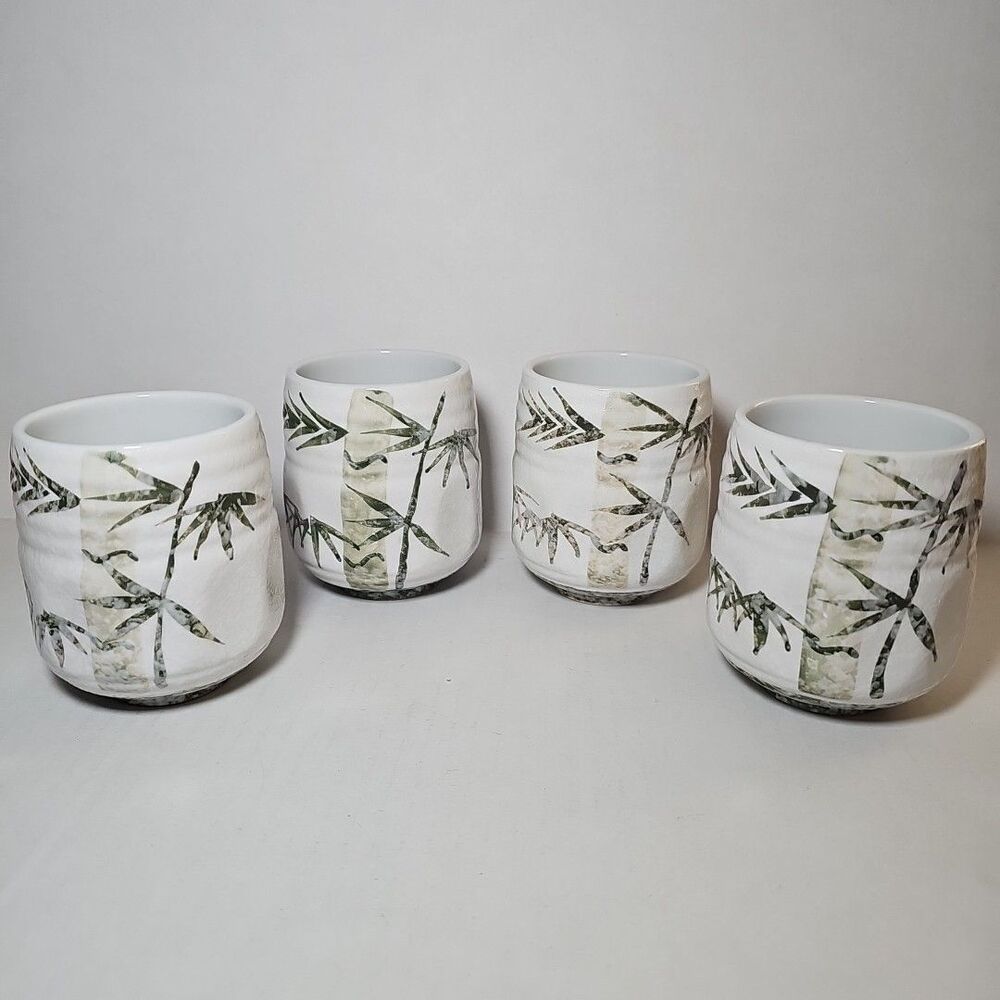 Set Of 4 Japanese Stoneware Handleless Tea Cup Yunomi Green Bamboo